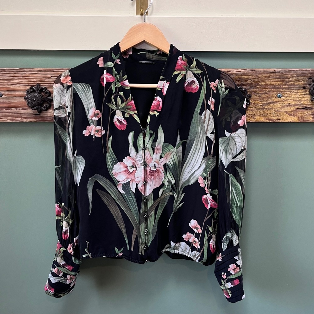 Elie Tahari Black Silk Orchid Floral V-Neck Blouse Button Front Small E7038509